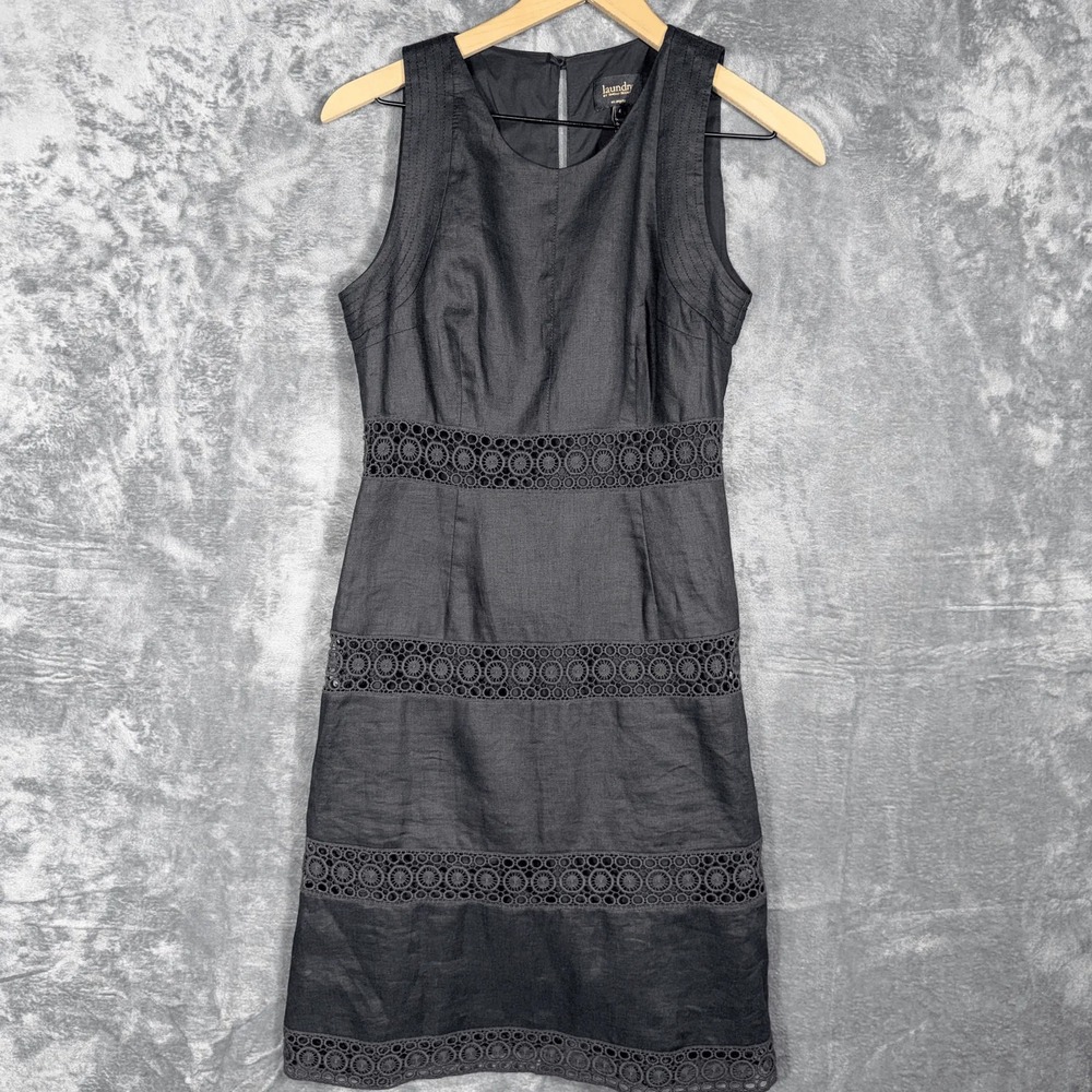 Laundry By Shelli Segal Womens Sheath Dress Size 4‎ Black Linen Lace Trim